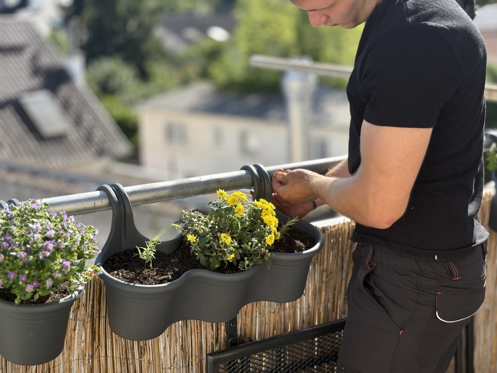 Bepflanzen von Blumenkästen auf einem Balkon